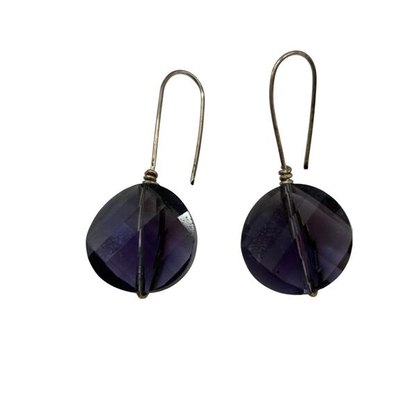 Silvertone and Faceted Acrylic Purple Pierced Fishhook Earrings 1.5" Drop - Picture 1 of 5